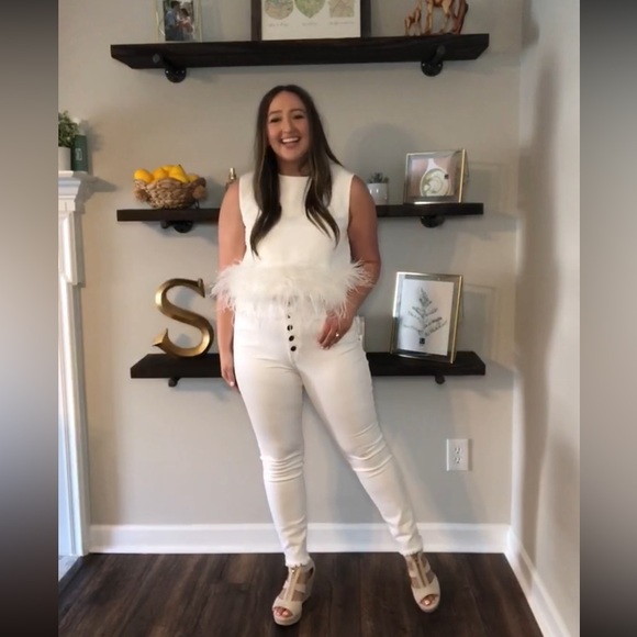 Shop the Mint Cropped Feather Trim Blouse - Picture 2 of 3